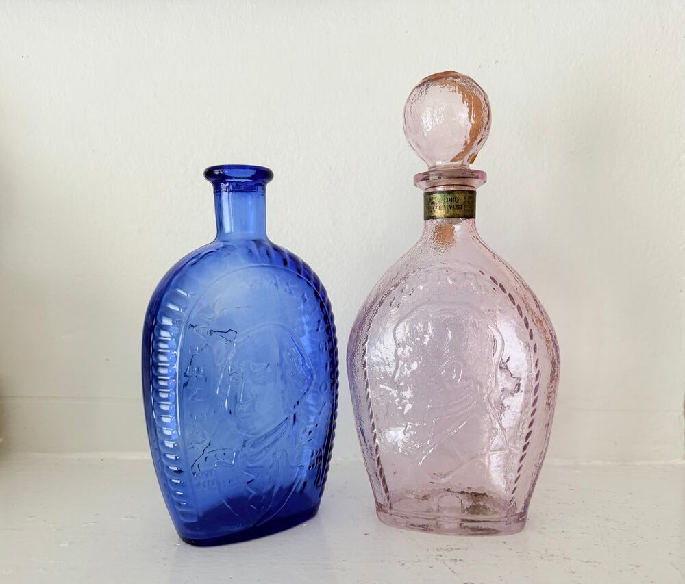Pair Wheaton Cobalt Washington + Pink Lord Calvert Courage Historical Flasks